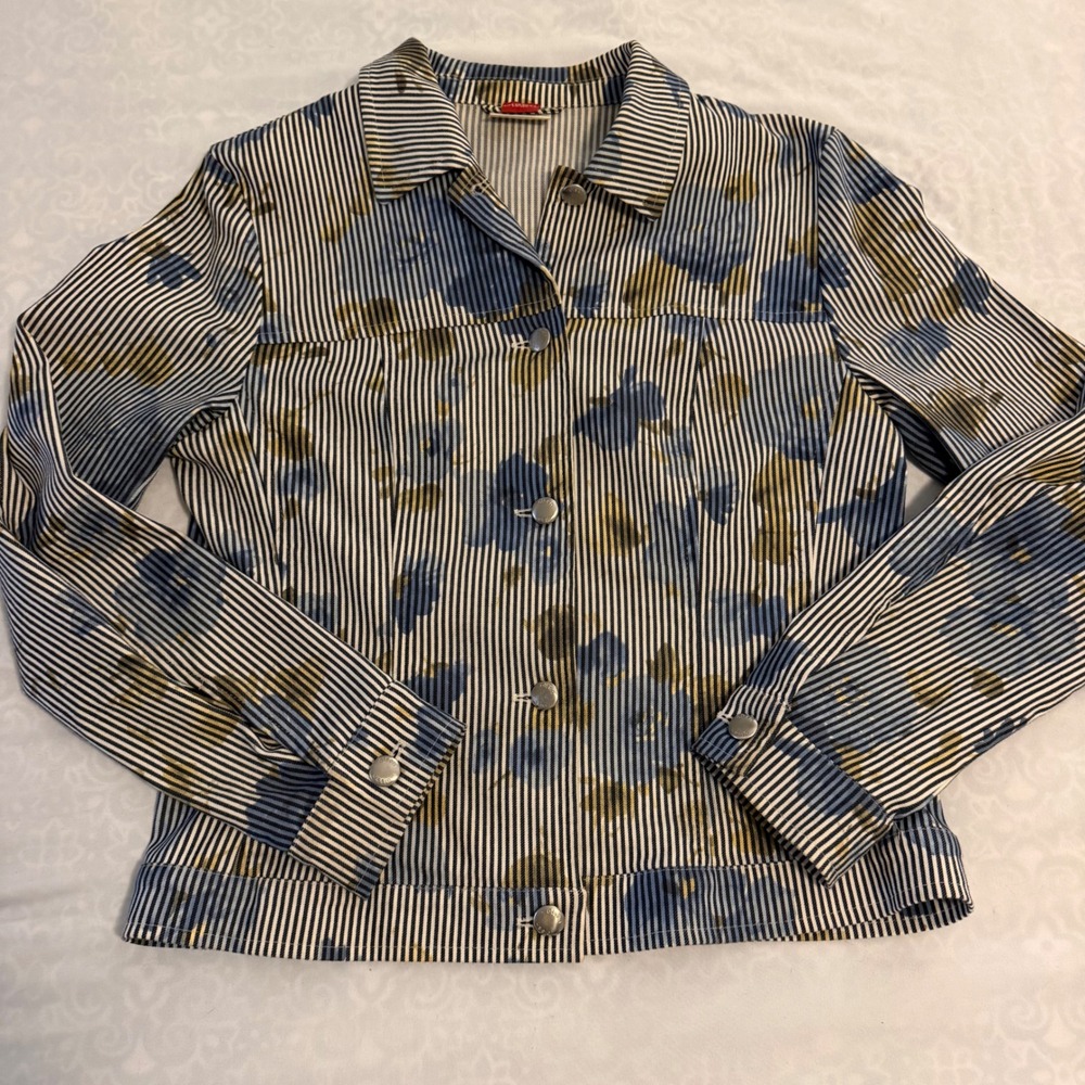 Olsen Europe Womens Blue White Pinstripe Floral Button Front Jacket US 8‎